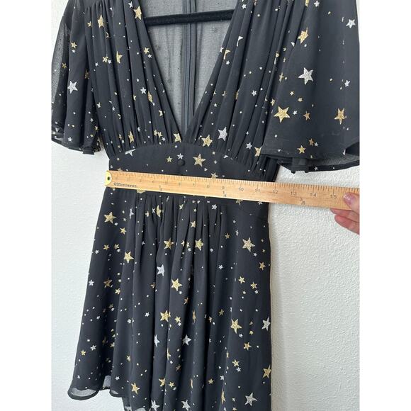 Privacy Please Ford Black Metallic Gold Silver Star Deep V Short Sleeve Dress XS - Picture 9 of 15